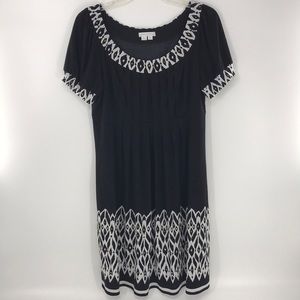 London Times Black Midi Dress Size 12 Geometric Round Print Pleated Design Boho